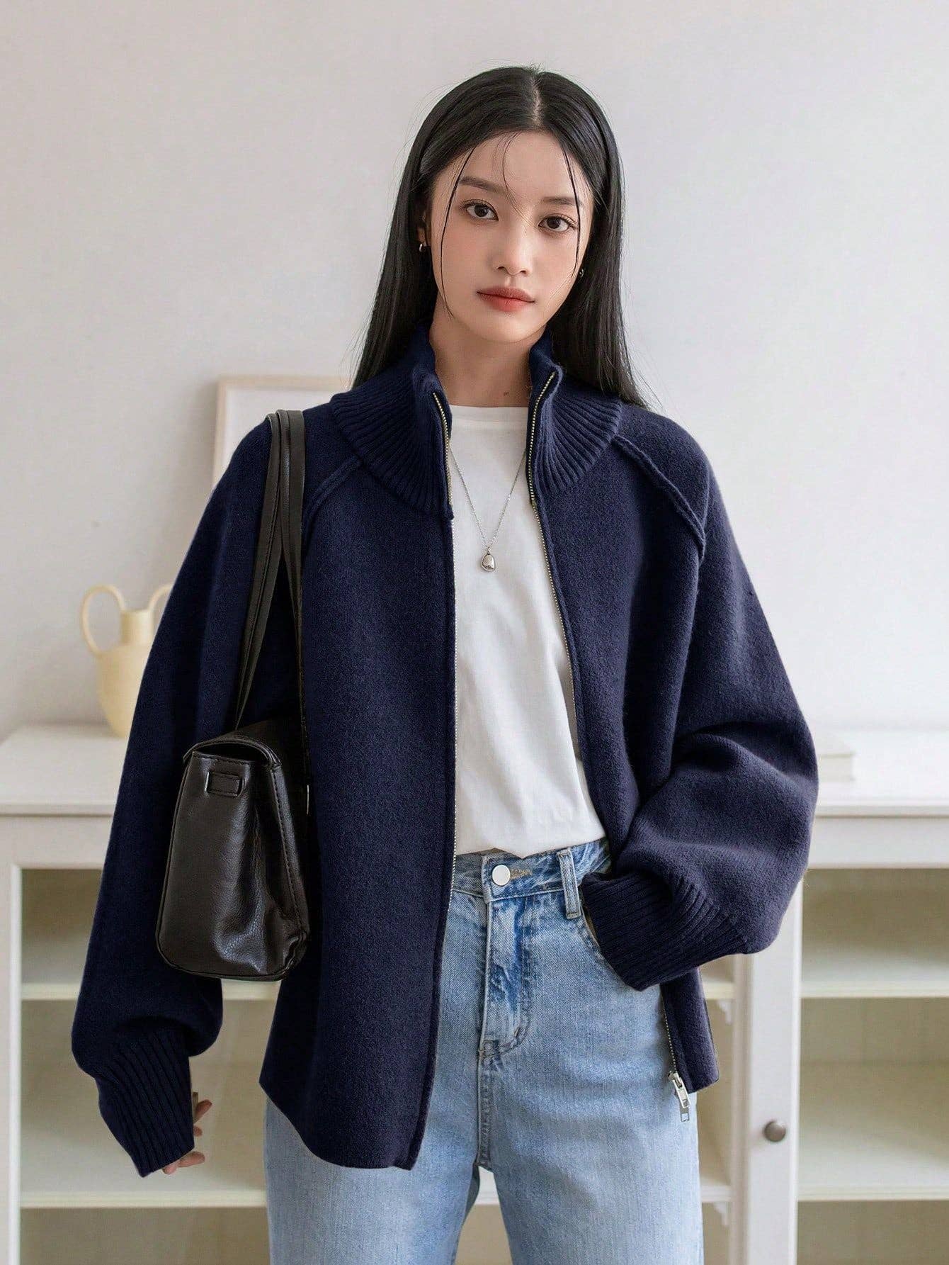 Chic Knit Korean ZipUp Cardigan  2025 Style: Black / One Size (Fits US Men's 8.5-14).
