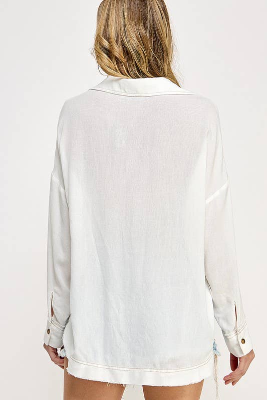 RAYON GAUZE BUTTON DOWN TOP: Olive / Small