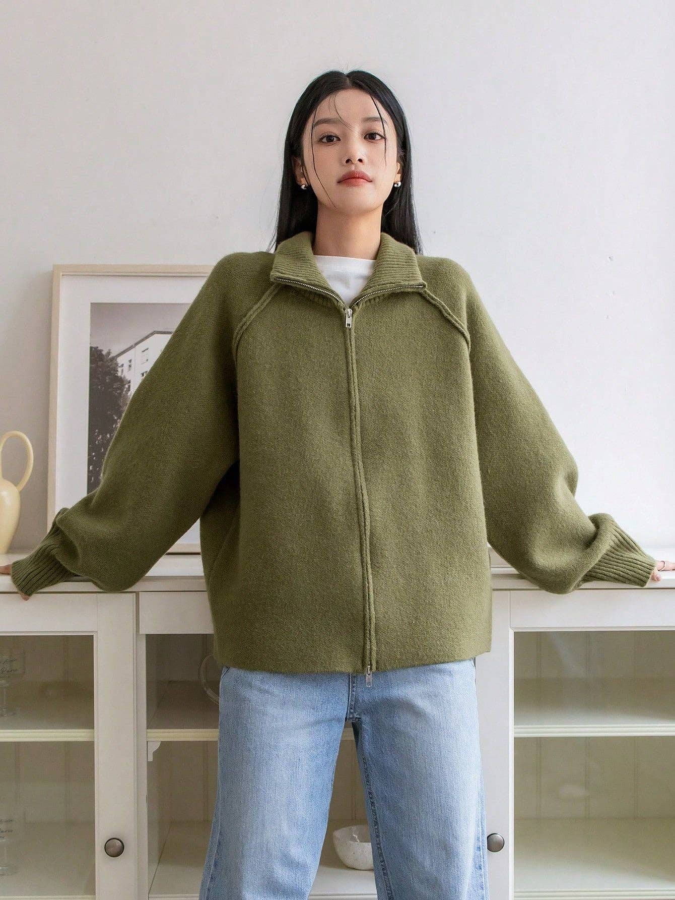 Chic Knit Korean ZipUp Cardigan  2025 Style: Black / One Size (Fits US Men's 8.5-14).