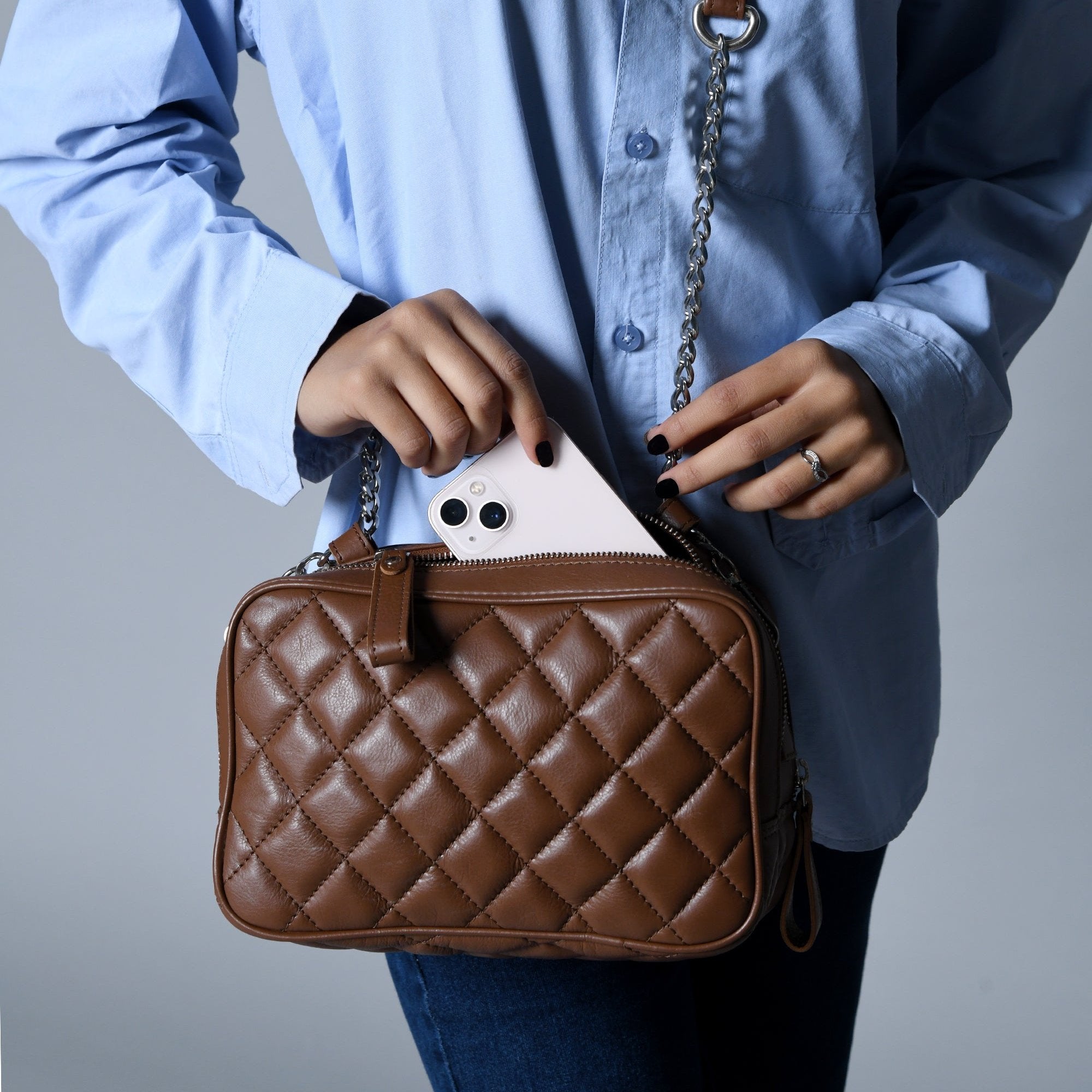 Mini Quilted Crossbody Bag, Rich Brown — product image