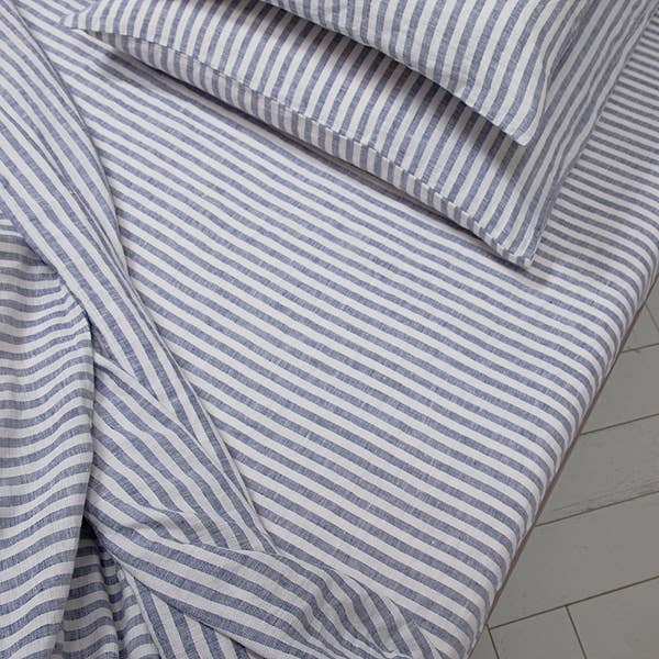 Linen Fitted Sheet Indigo Ticking Stripe: FULL (54 x 76 x 15)