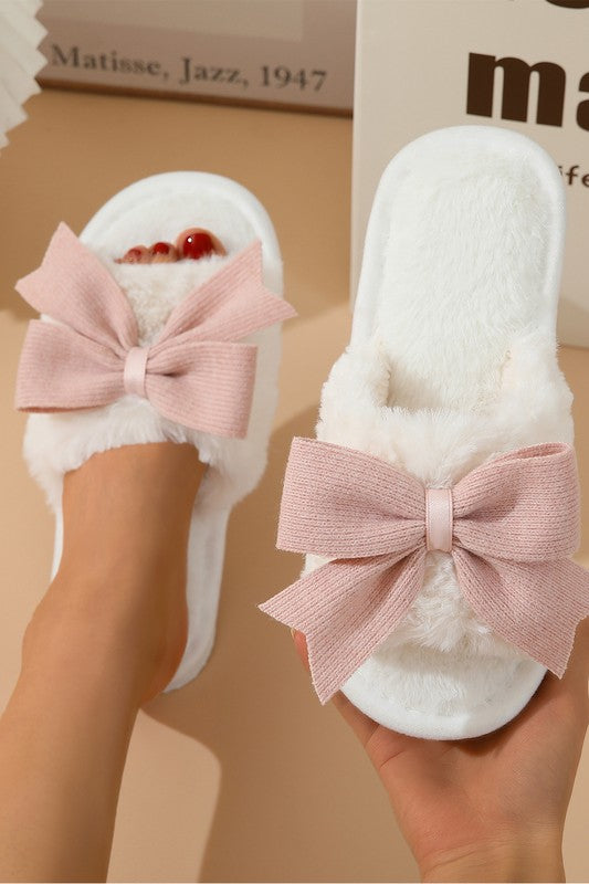 White Bow Knot Decor Open Toe Plush Slippers — product image