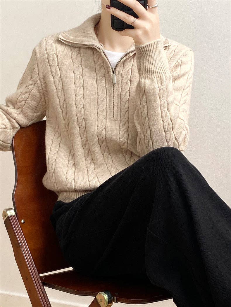 Chic Zip Collar Knit Top Effortless Style Cozy Warmth: Light Gray / One Size.