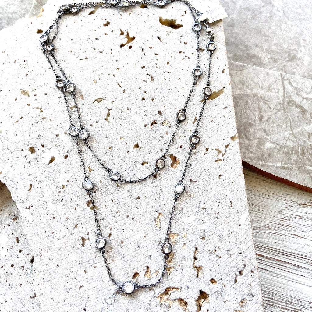 Crystal chain long necklace, wrap, gunmetal, edgy, glam