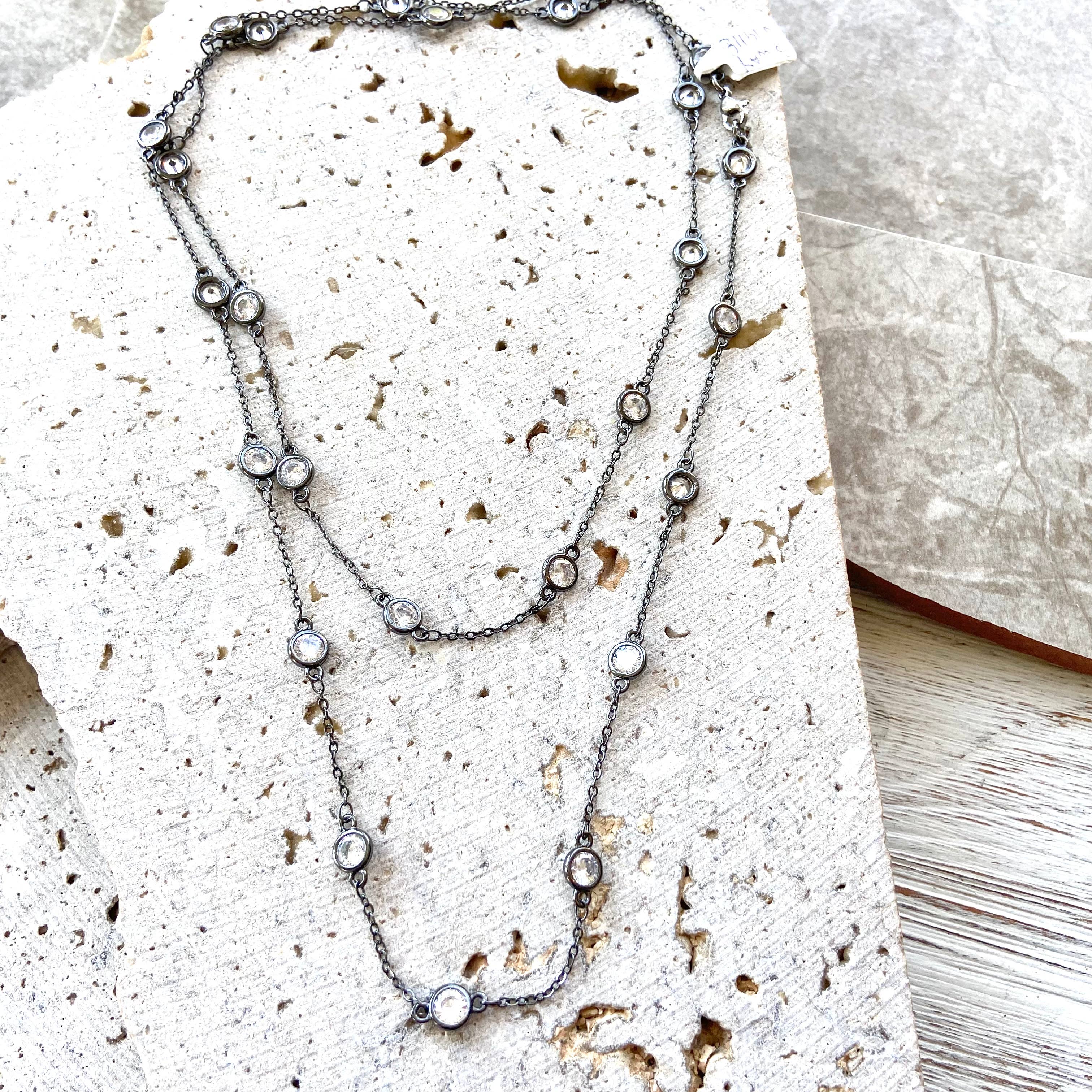 Crystal chain long necklace, wrap, gunmetal, edgy, glam