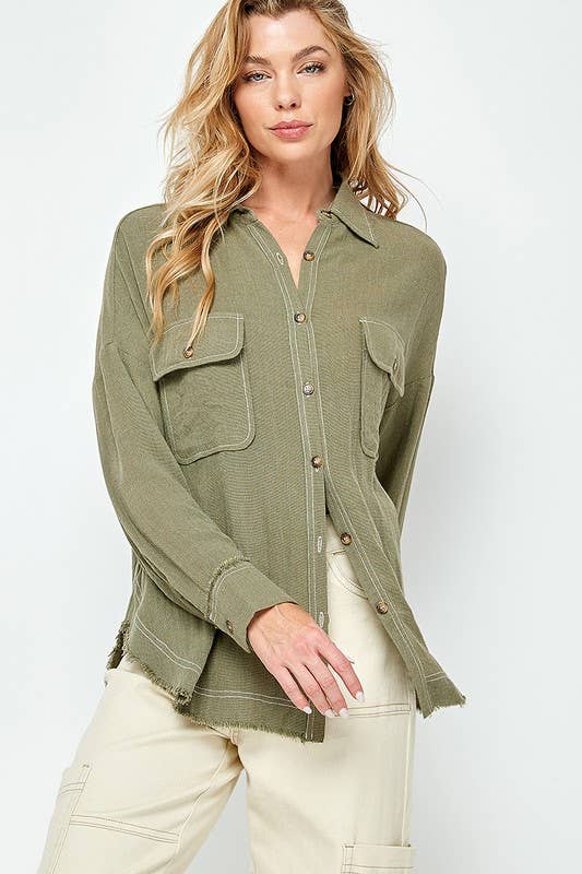 RAYON GAUZE BUTTON DOWN TOP: Olive / Medium