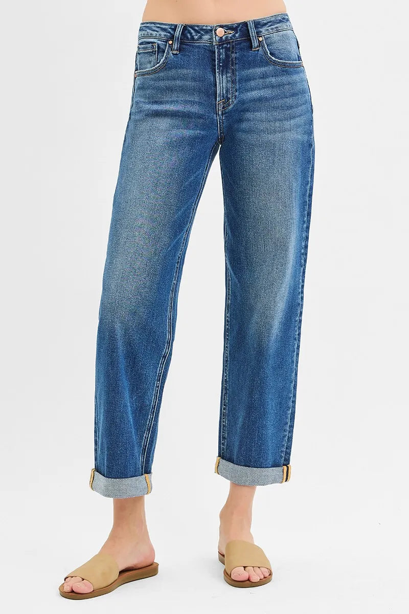 RISEN Full Size Mid Rise Boyfriend Roll Up Jeans Plus Size — product image
