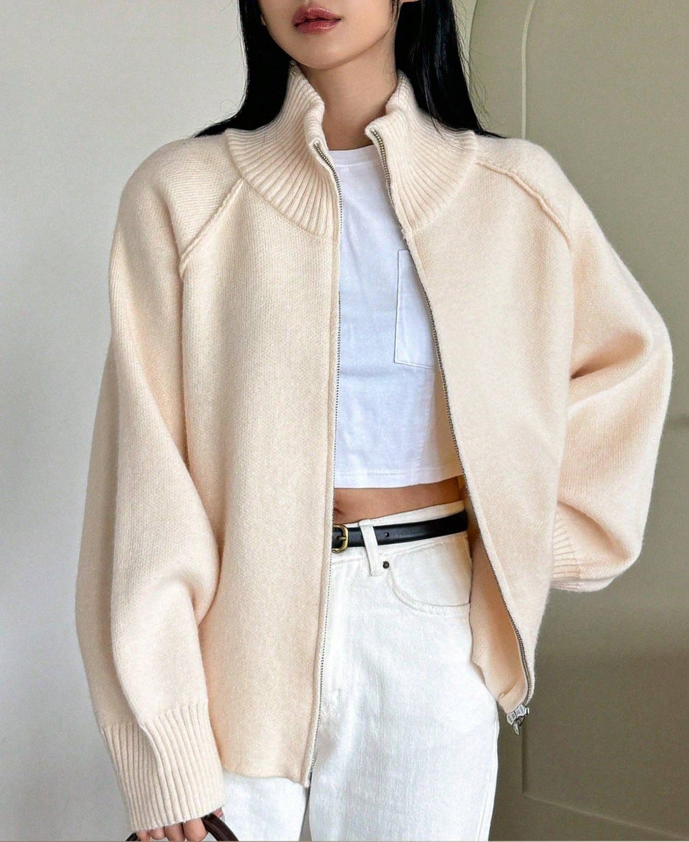 Chic Knit Korean ZipUp Cardigan  2025 Style: Black / One Size (Fits US Men's 8.5-14)