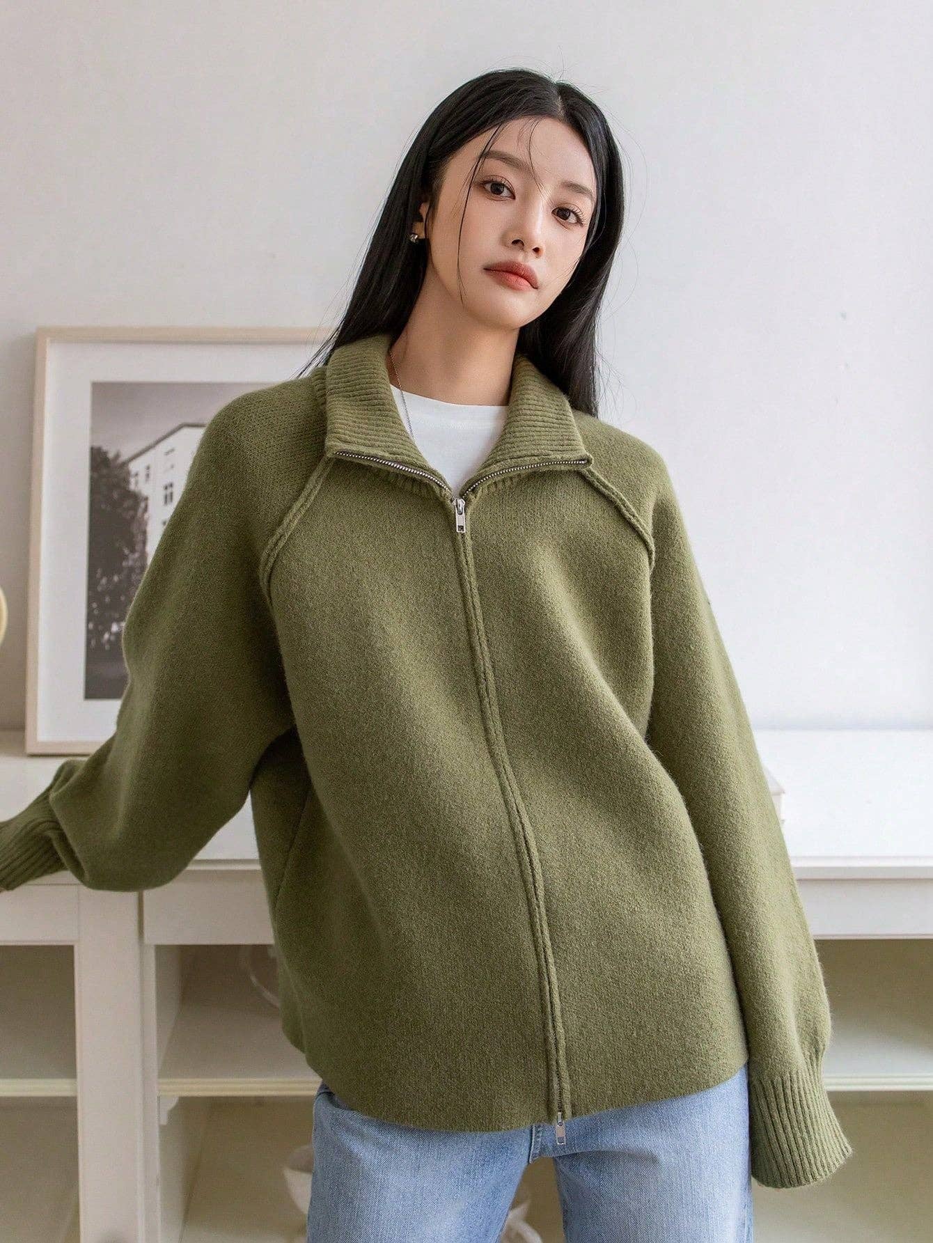 Chic Knit Korean ZipUp Cardigan  2025 Style: Black / One Size (Fits US Men's 8.5-14).