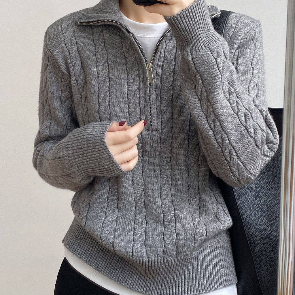 Chic Zip Collar Knit Top Effortless Style Cozy Warmth: Apricot / One Size.