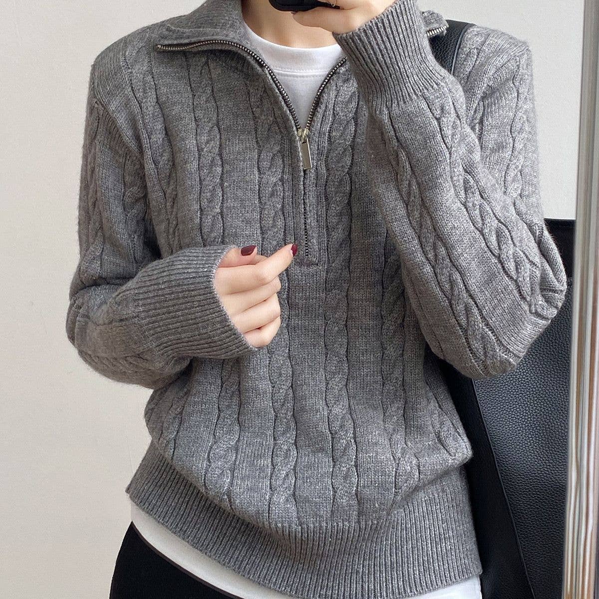 Chic Zip Collar Knit Top Effortless Style Cozy Warmth: Apricot / One Size.