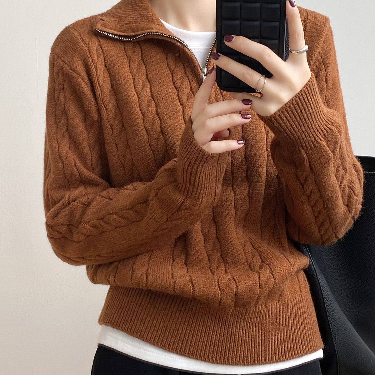 Chic Zip Collar Knit Top Effortless Style Cozy Warmth: Apricot / One Size.