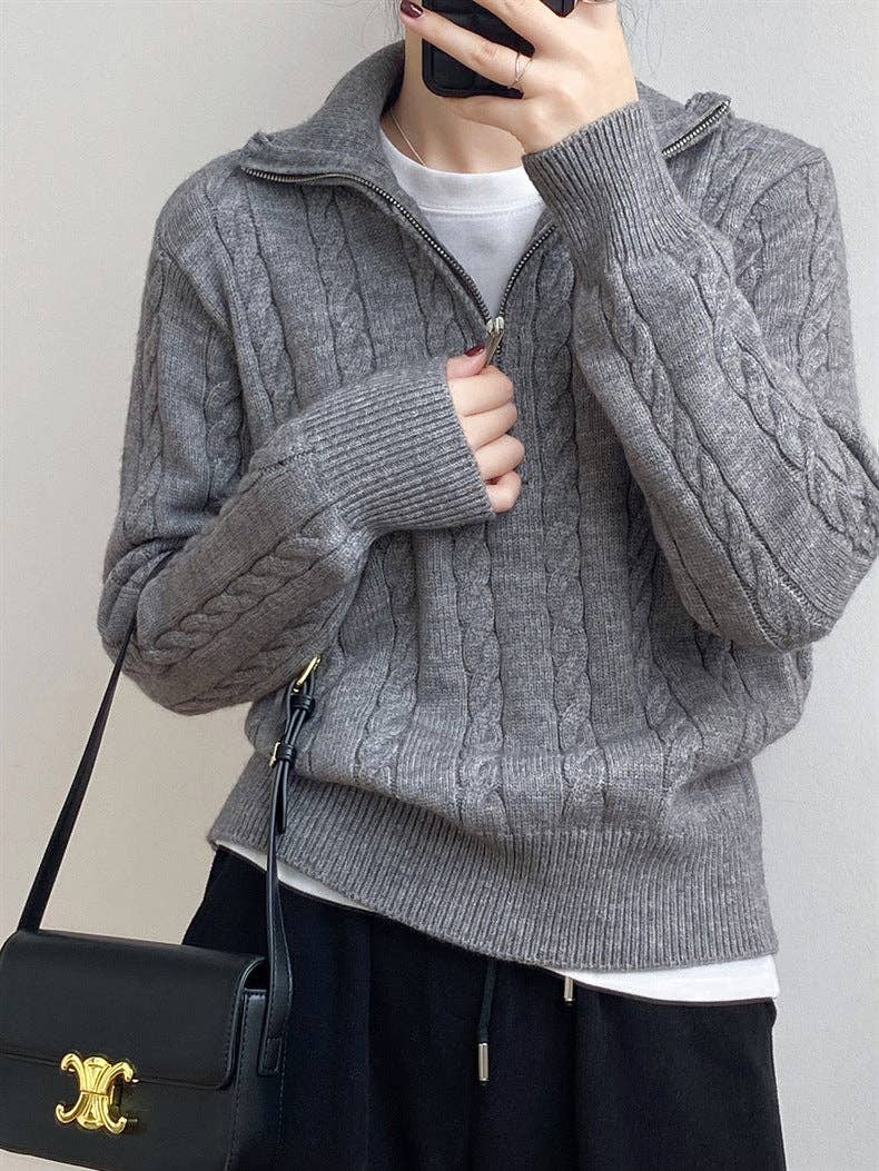 Chic Zip Collar Knit Top Effortless Style Cozy Warmth: Light Gray / One Size.