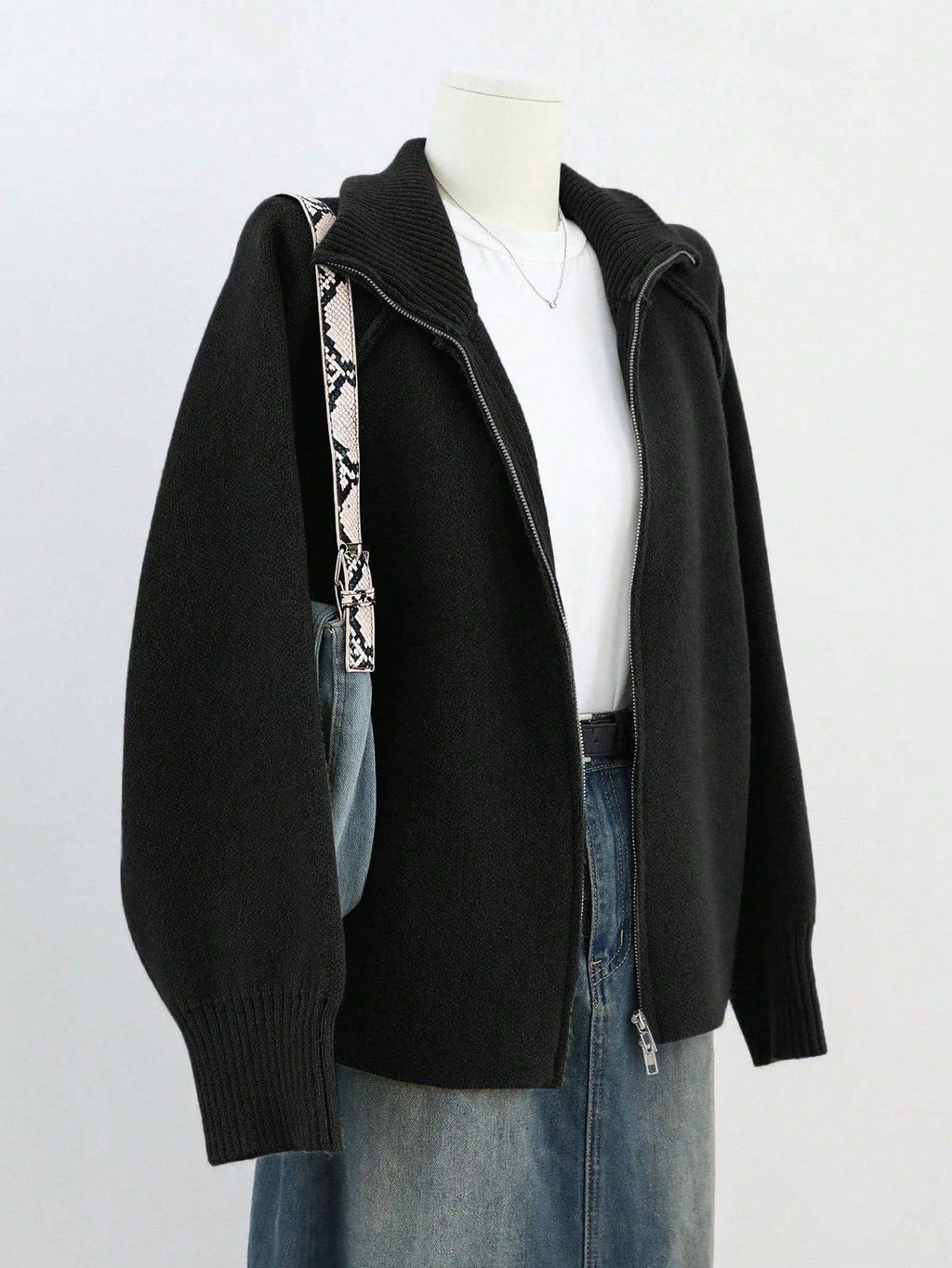 Chic Knit Korean ZipUp Cardigan  2025 Style: Black / One Size (Fits US Men's 8.5-14).
