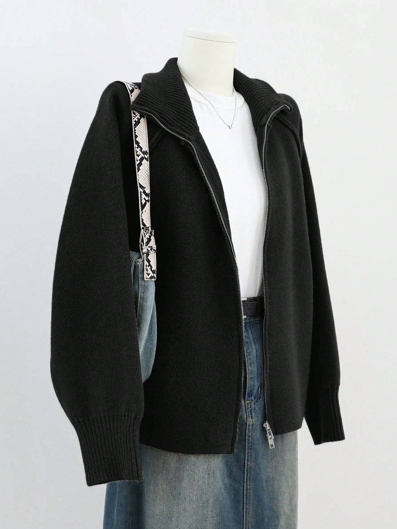 Chic Knit Korean ZipUp Cardigan  2025 Style: Black / One Size (Fits US Men's 8.5-14).