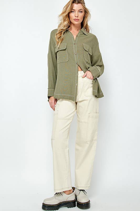 RAYON GAUZE BUTTON DOWN TOP: Olive / Medium