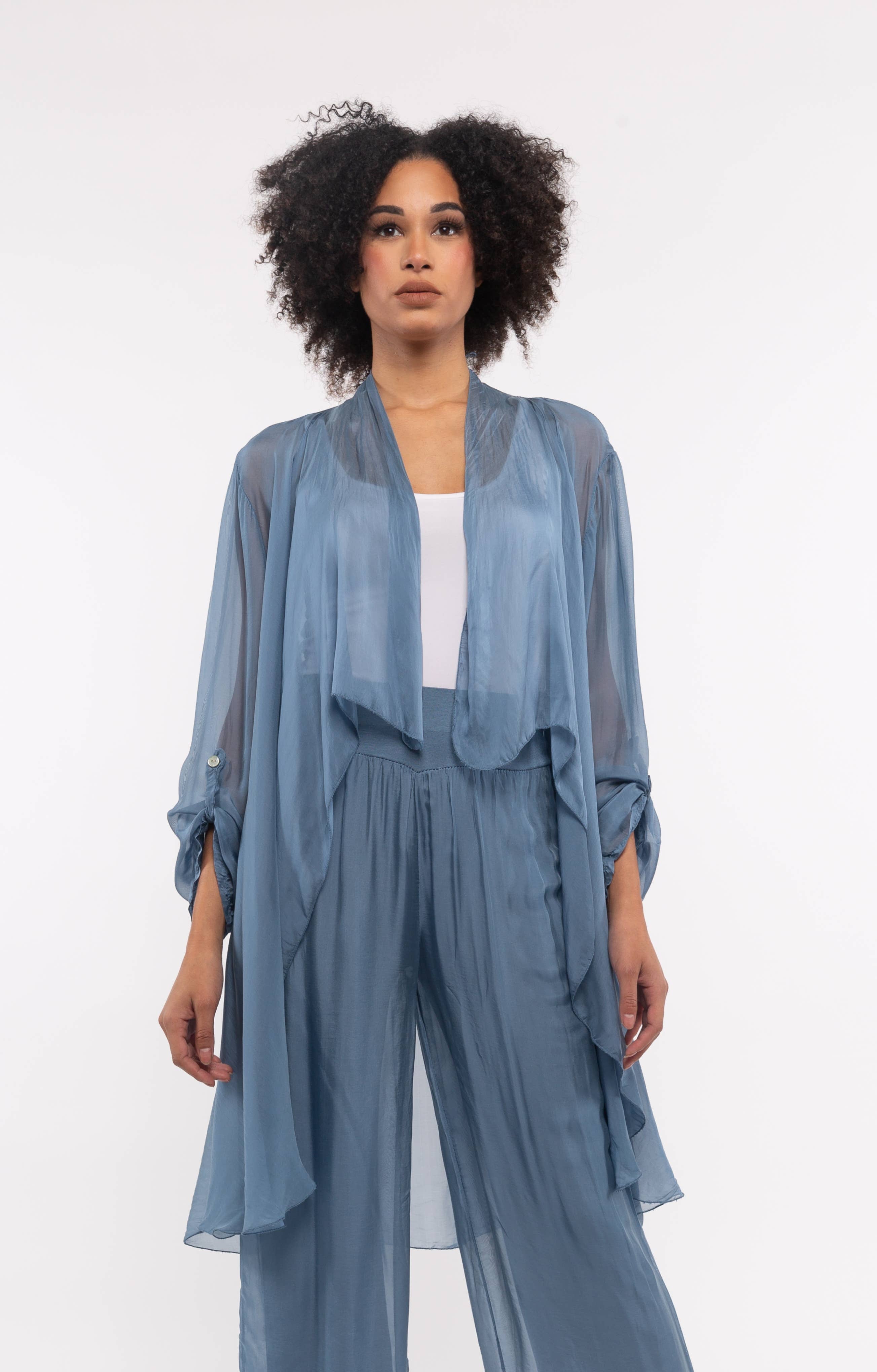 Luna Jacket - Lightweight Cascading Front Jacket: JEANS / 70% Viscose 30% SIlk / L