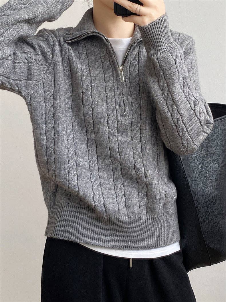 Chic Zip Collar Knit Top Effortless Style Cozy Warmth: Apricot / One Size.