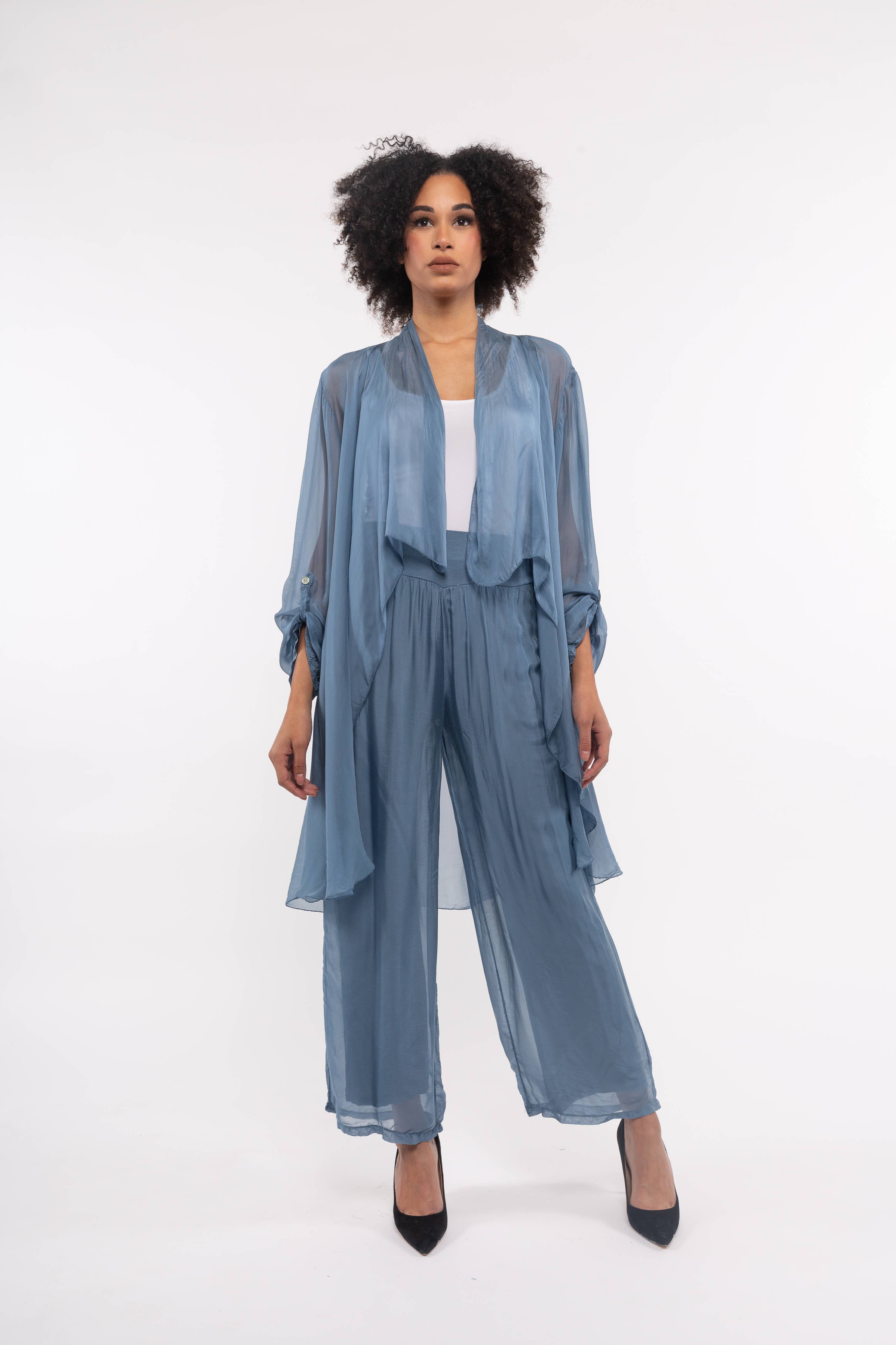 Luna Jacket - Lightweight Cascading Front Jacket: JEANS / 70% Viscose 30% SIlk / S