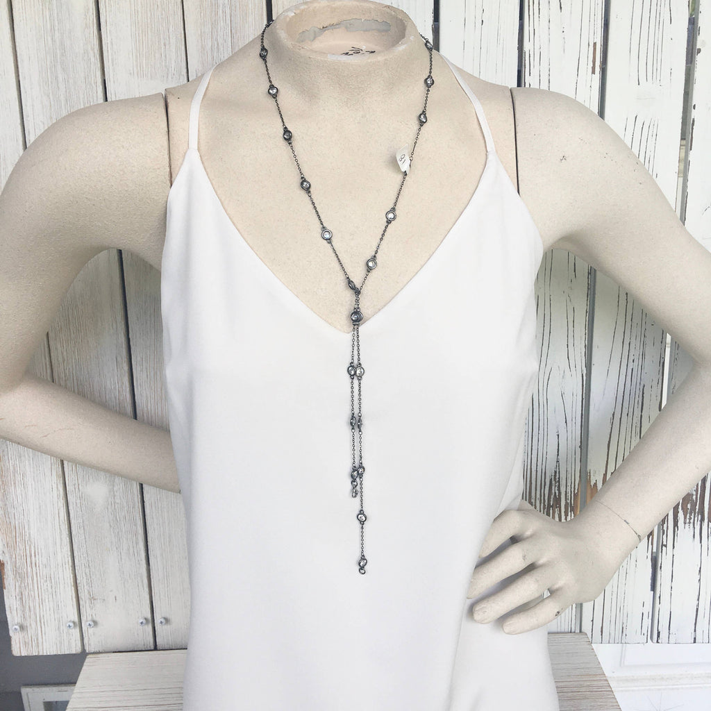 Crystal chain long necklace, wrap, gunmetal, edgy, glam