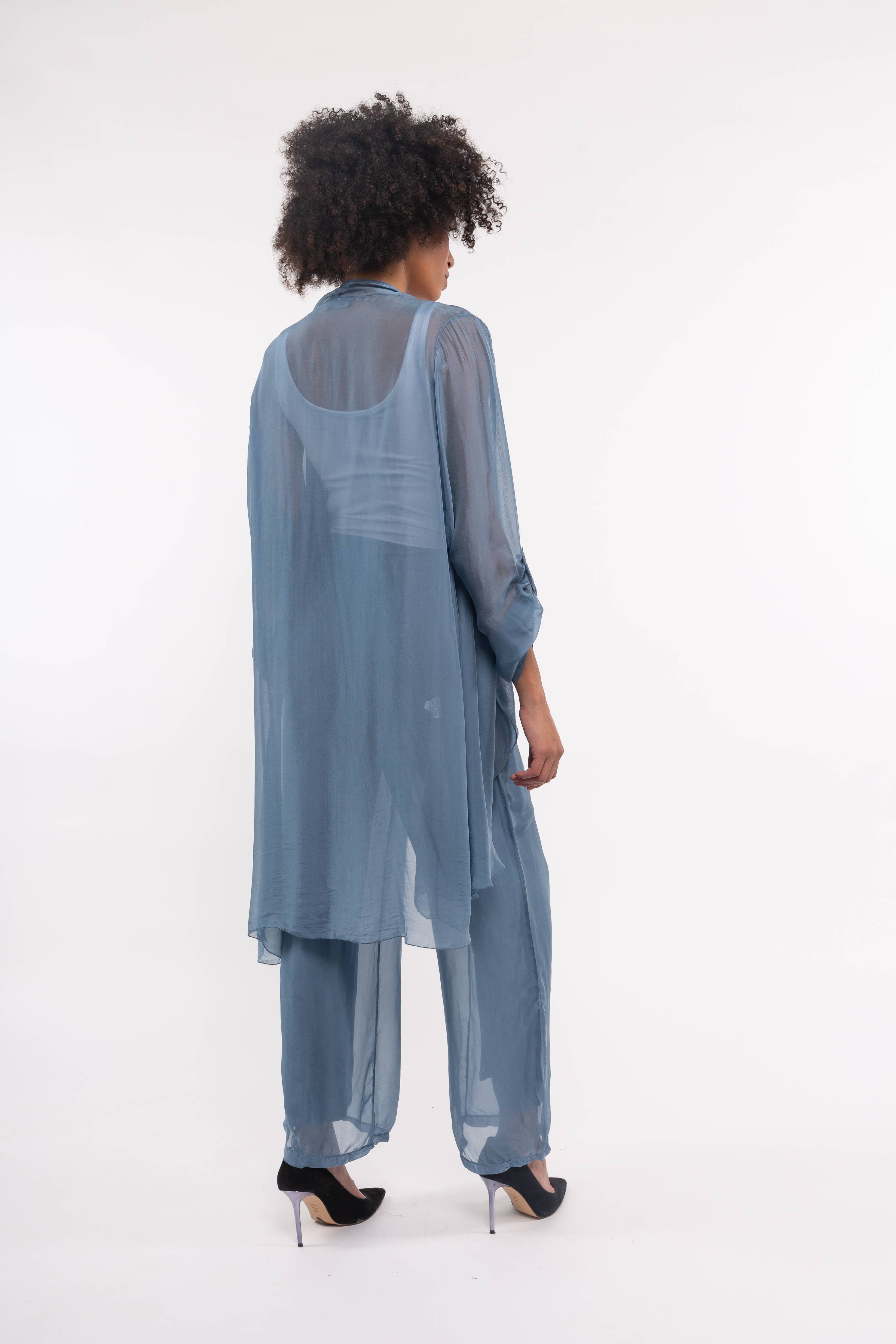 Luna Jacket - Lightweight Cascading Front Jacket: JEANS / 70% Viscose 30% SIlk / L