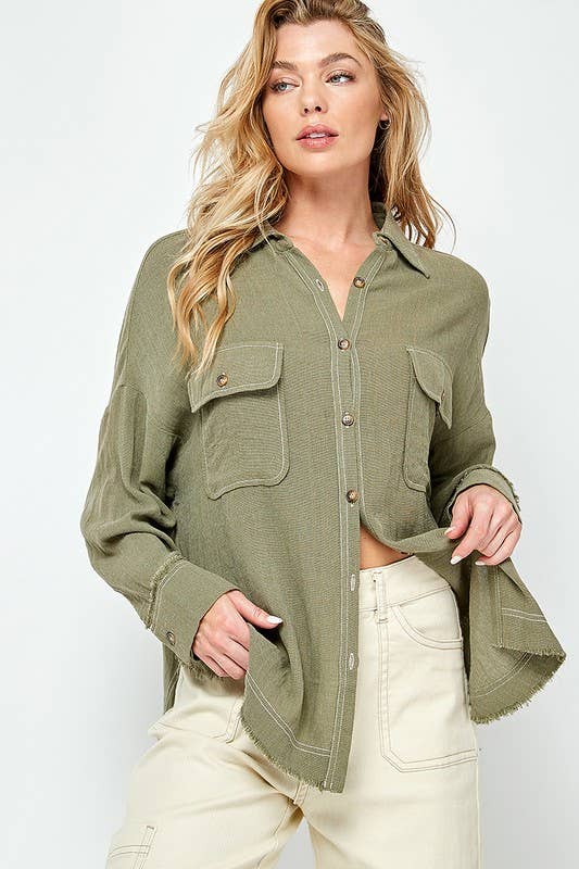 RAYON GAUZE BUTTON DOWN TOP: Olive / Medium
