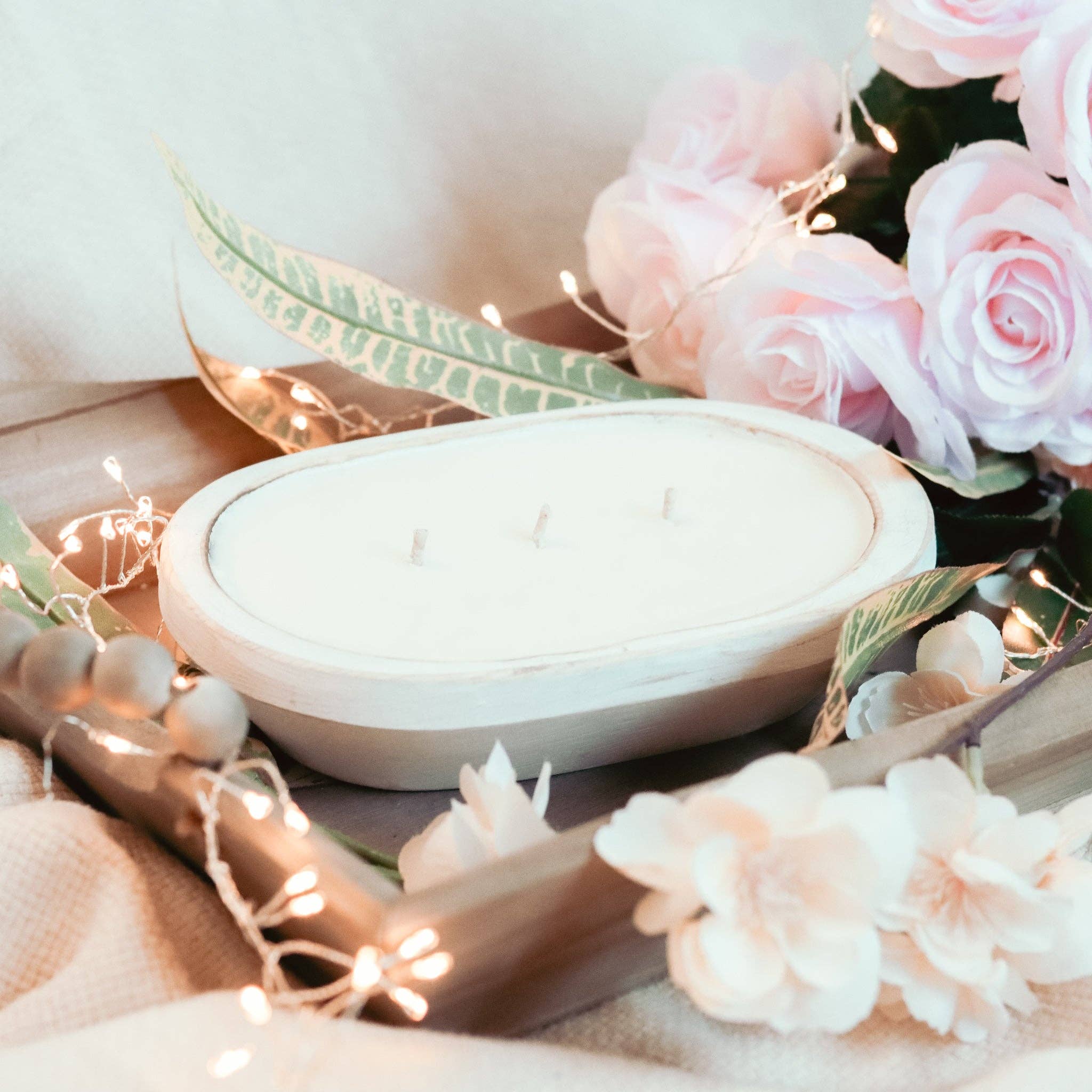 SPRING & SUMMER: 3 Wick White Wood Dough Bowl Soy Candle: Citronella