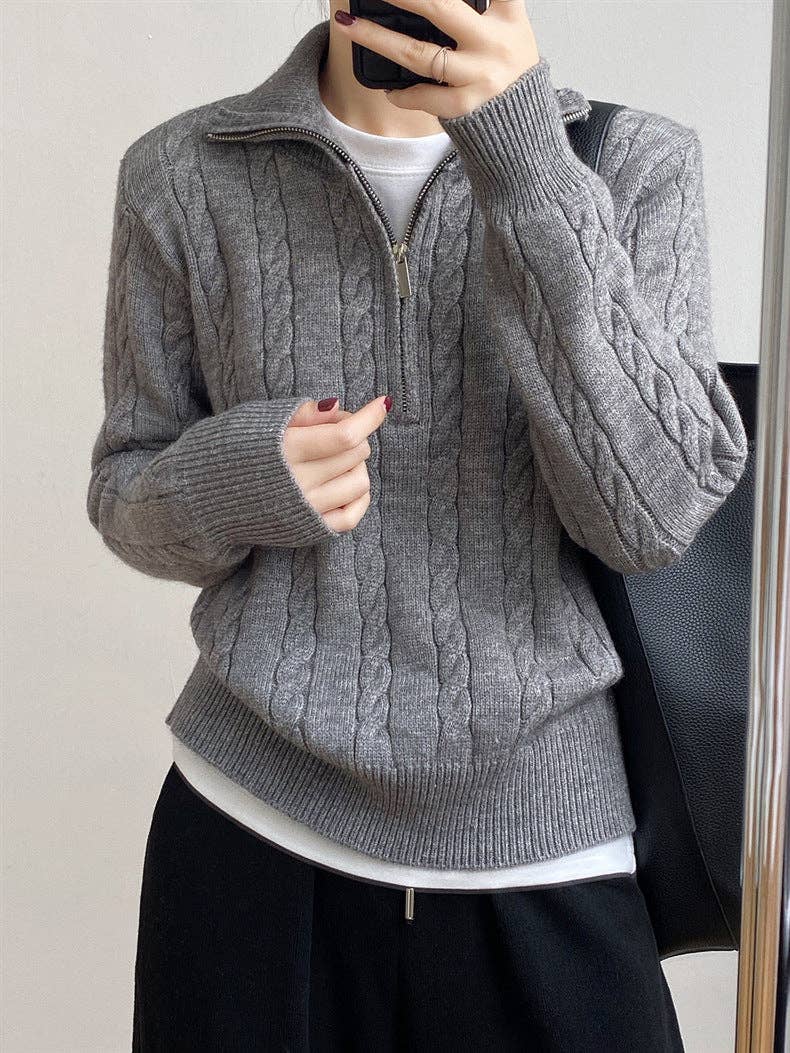 Chic Zip Collar Knit Top Effortless Style Cozy Warmth: Apricot / One Size.