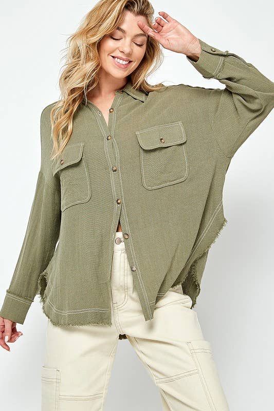 RAYON GAUZE BUTTON DOWN TOP: Olive / Medium