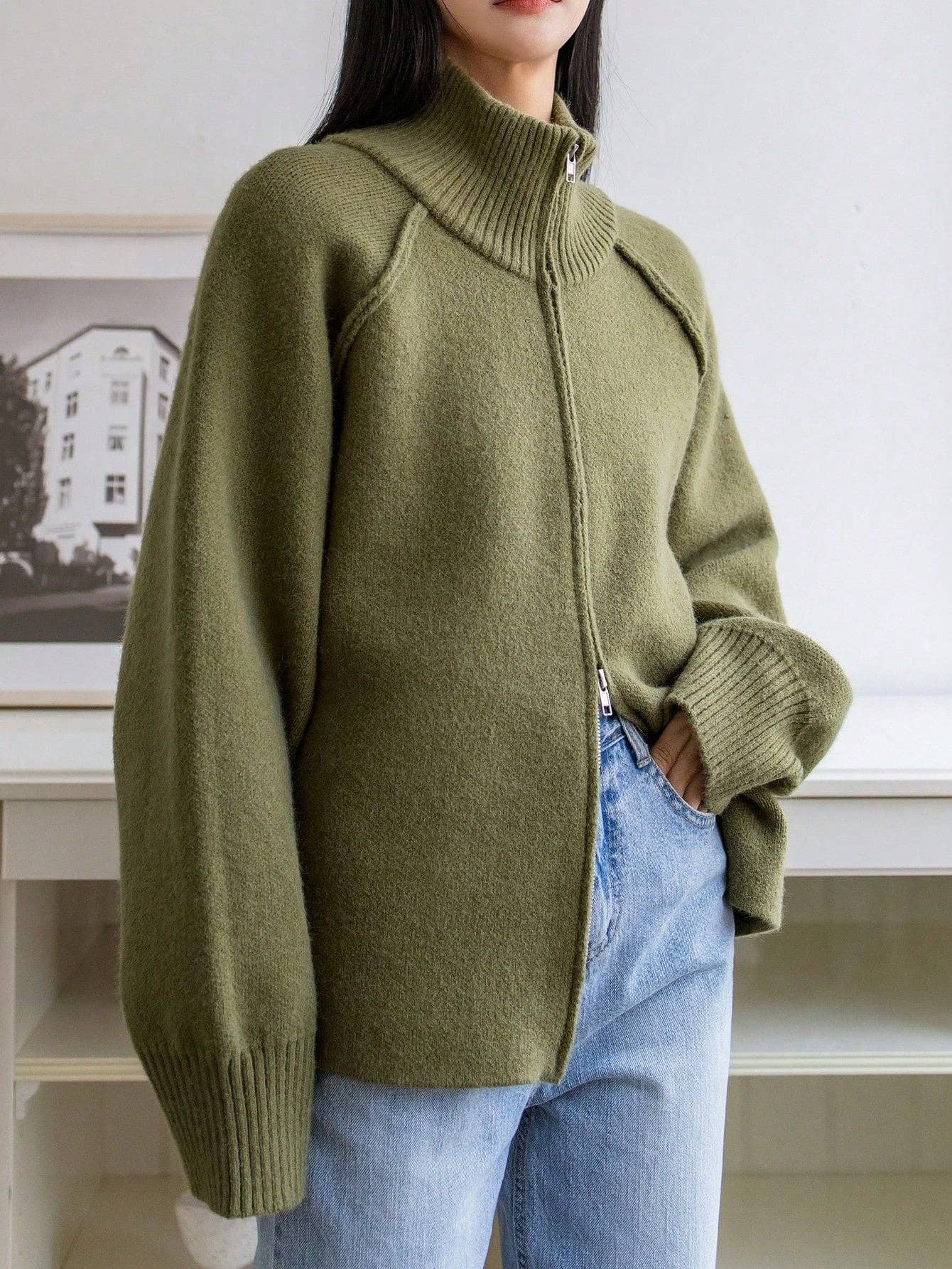 Chic Knit Korean ZipUp Cardigan  2025 Style: Black / One Size (Fits US Men's 8.5-14).