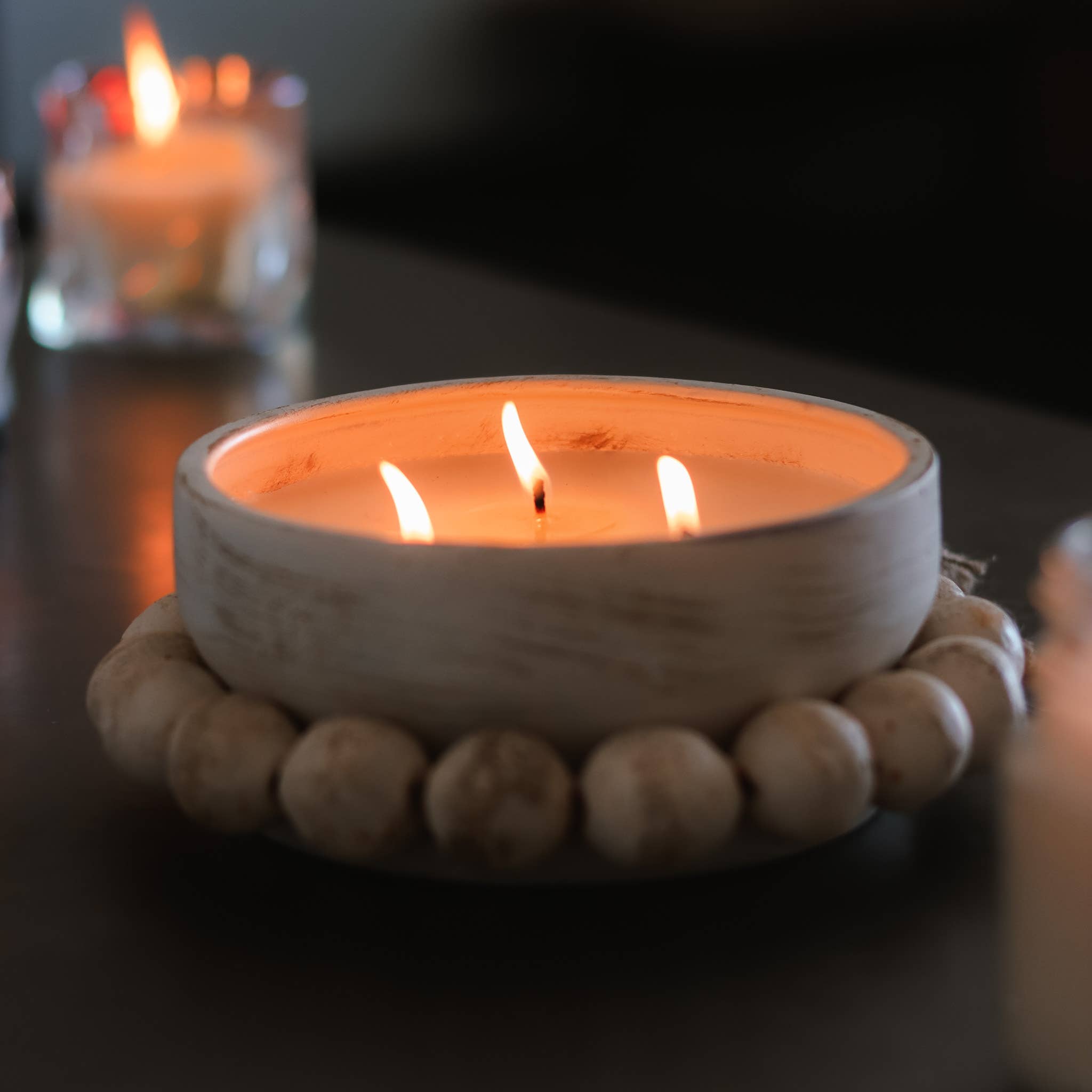 Pottery Bowl Candle with Clay Beads - Choose Your Scent: Lavender & Spring Apricot