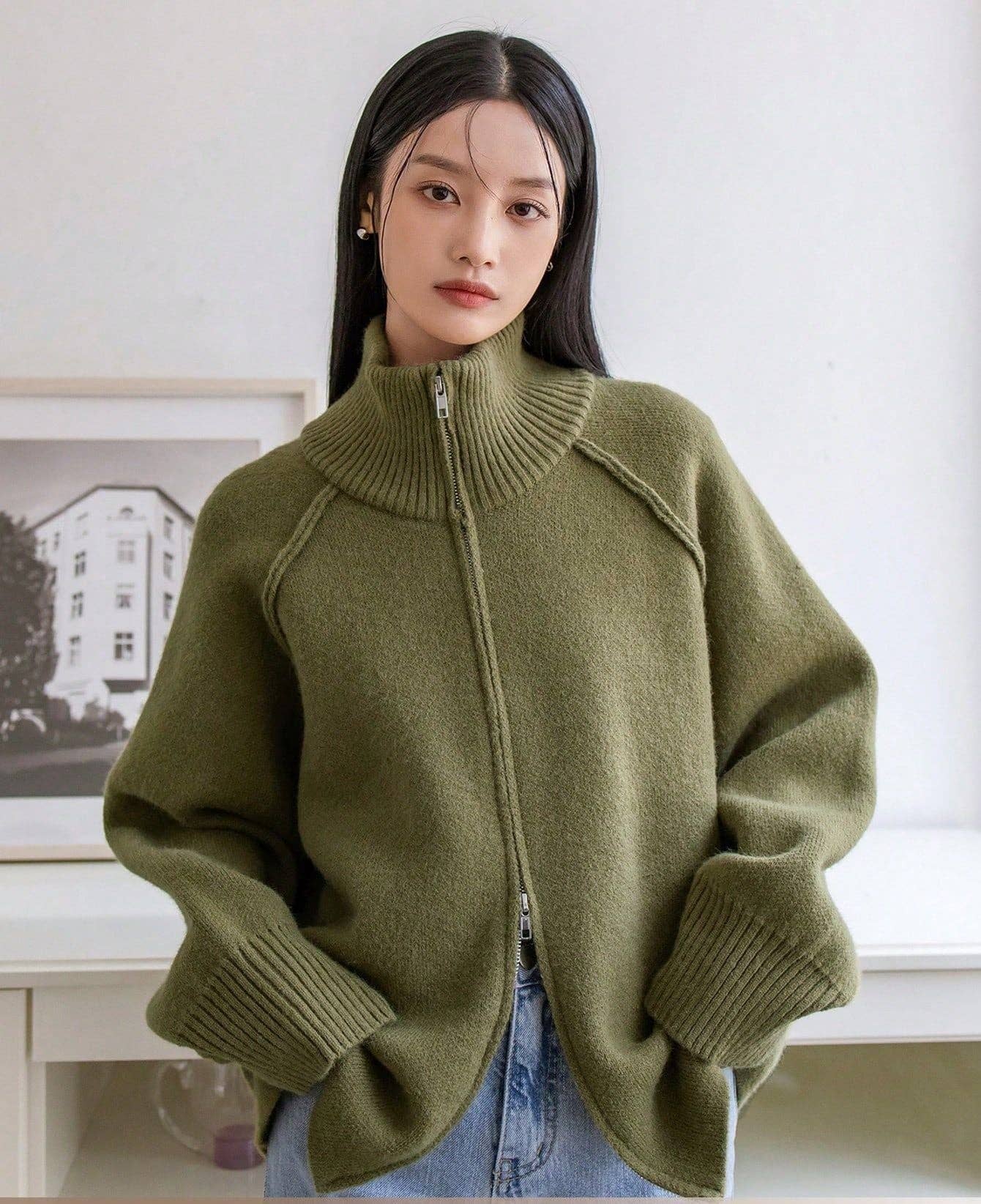 Chic Knit Korean ZipUp Cardigan  2025 Style: Black / One Size (Fits US Men's 8.5-14).