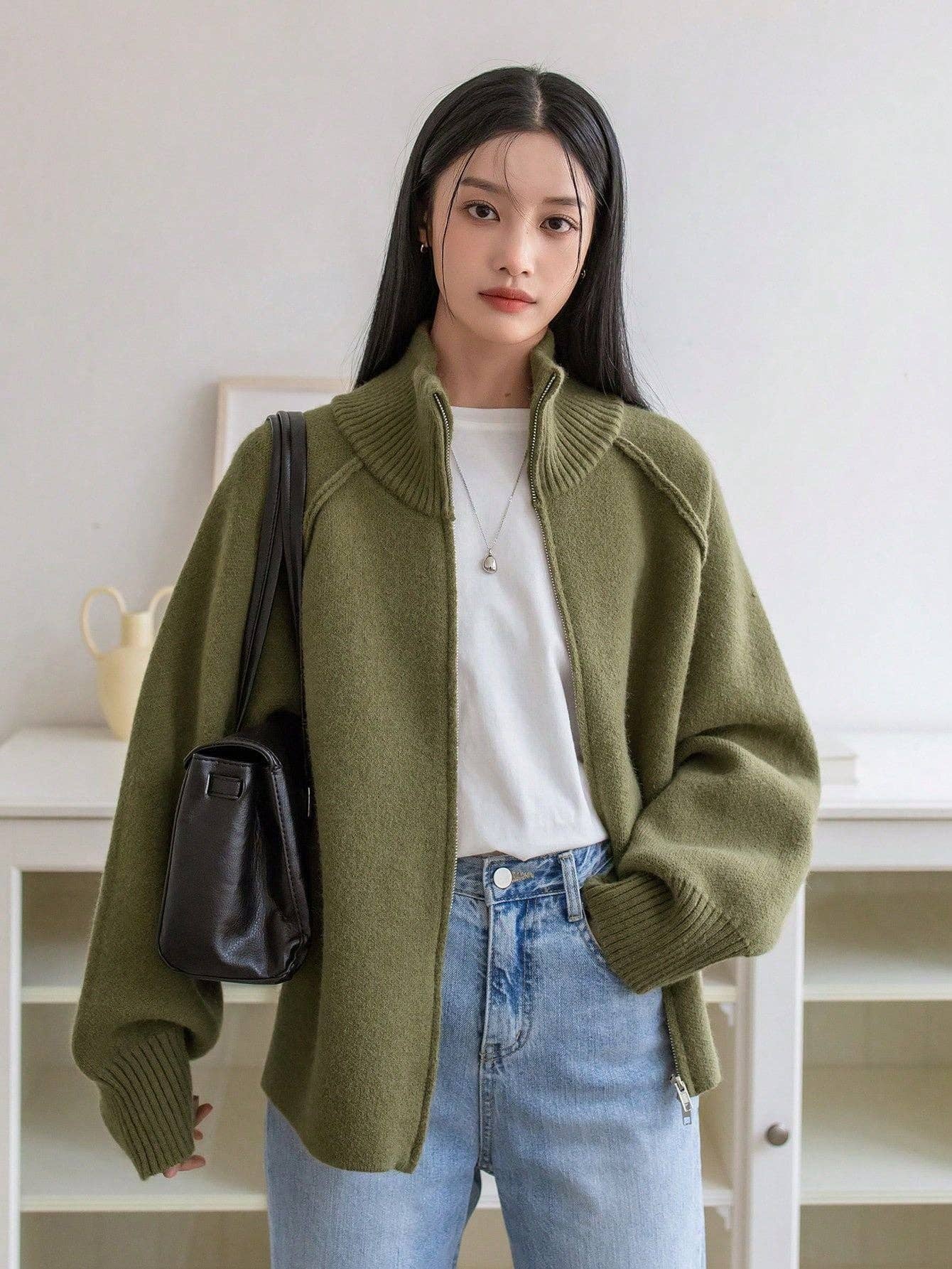 Chic Knit Korean ZipUp Cardigan  2025 Style: Black / One Size (Fits US Men's 8.5-14).