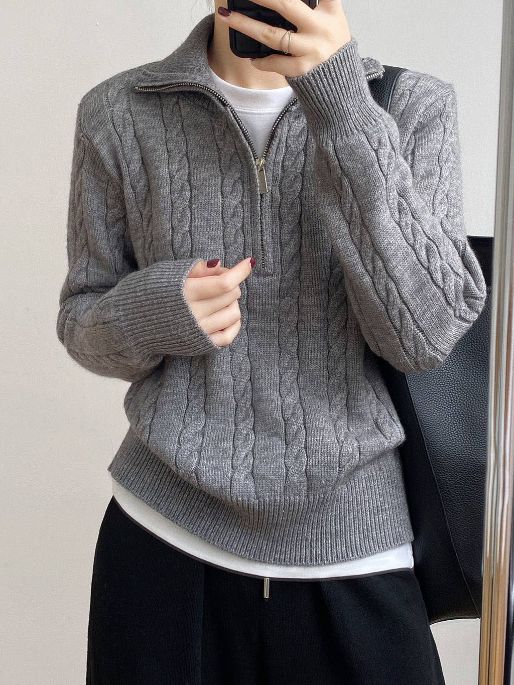 Chic Zip Collar Knit Top Effortless Style Cozy Warmth: Light Gray / One Size.