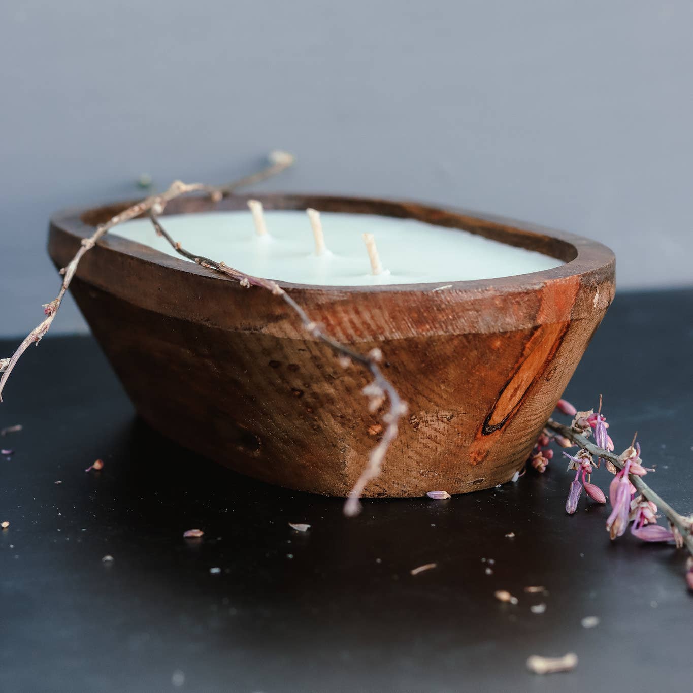 SPRING & SUMMER: 3 Wick Natural Wood Dough Bowl Soy Candle: Vanilla Bean Nectarine