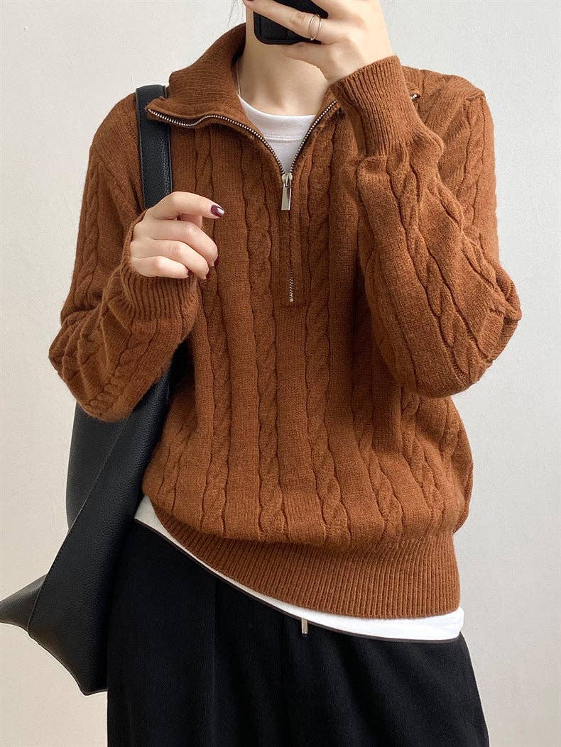Chic Zip Collar Knit Top Effortless Style Cozy Warmth: Apricot / One Size.
