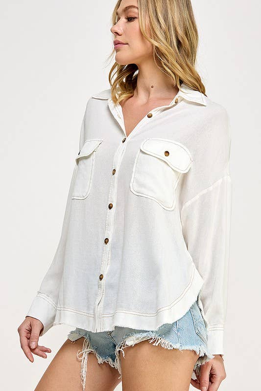 RAYON GAUZE BUTTON DOWN TOP: Olive / Small