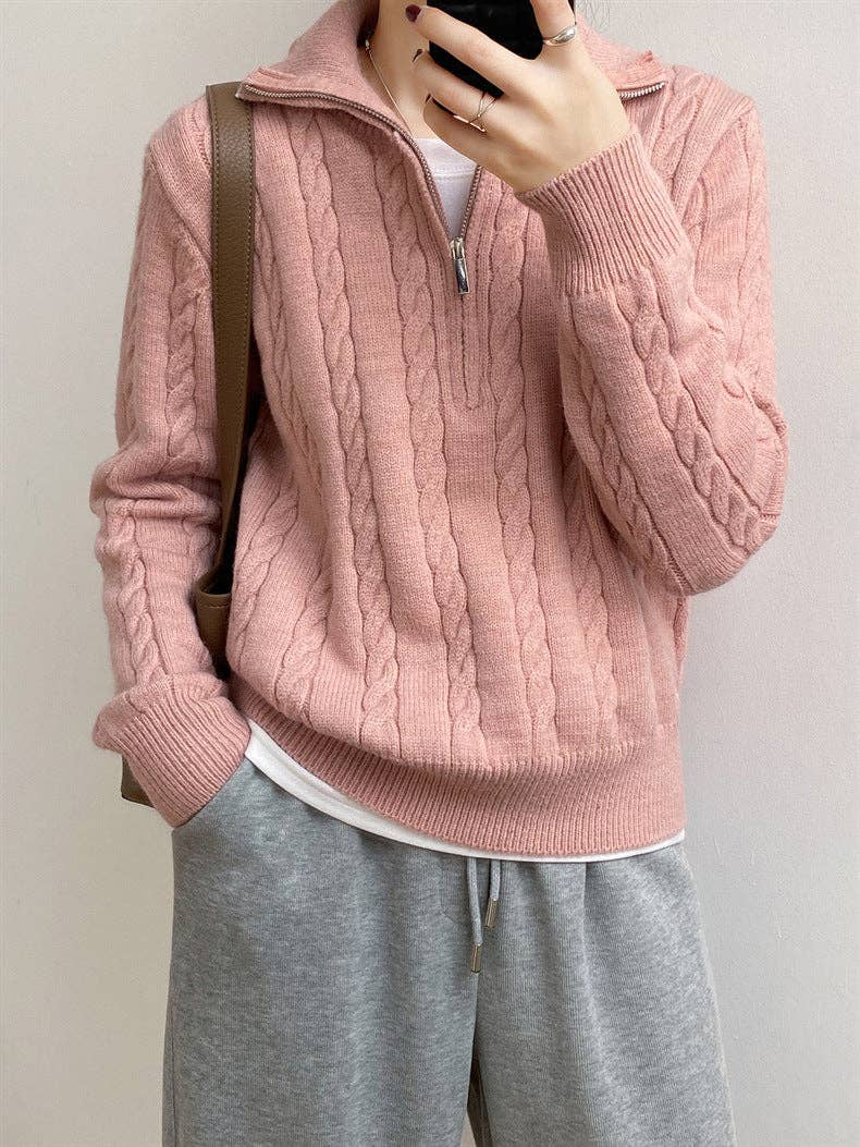 Chic Zip Collar Knit Top Effortless Style Cozy Warmth: Light Gray / One Size.