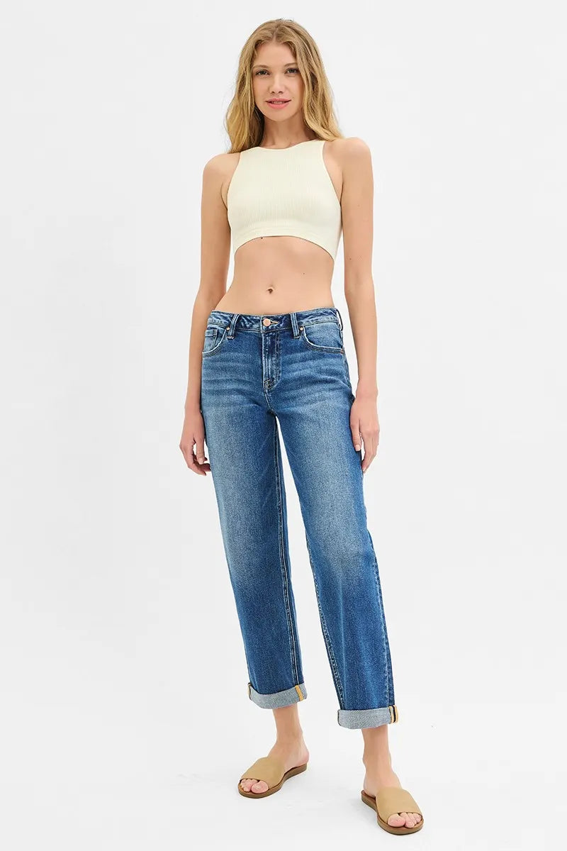 RISEN Full Size Mid Rise Boyfriend Roll Up Jeans Plus Size — product image