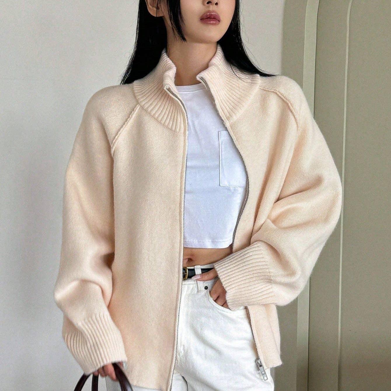 Chic Knit Korean ZipUp Cardigan  2025 Style: Black / One Size (Fits US Men's 8.5-14).