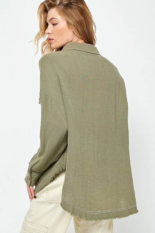 RAYON GAUZE BUTTON DOWN TOP: Olive / Small