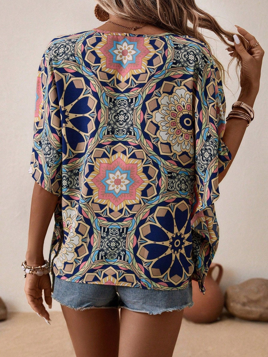 Boho Print V-Neck Short Sleeve Top - Summer Casual — product image