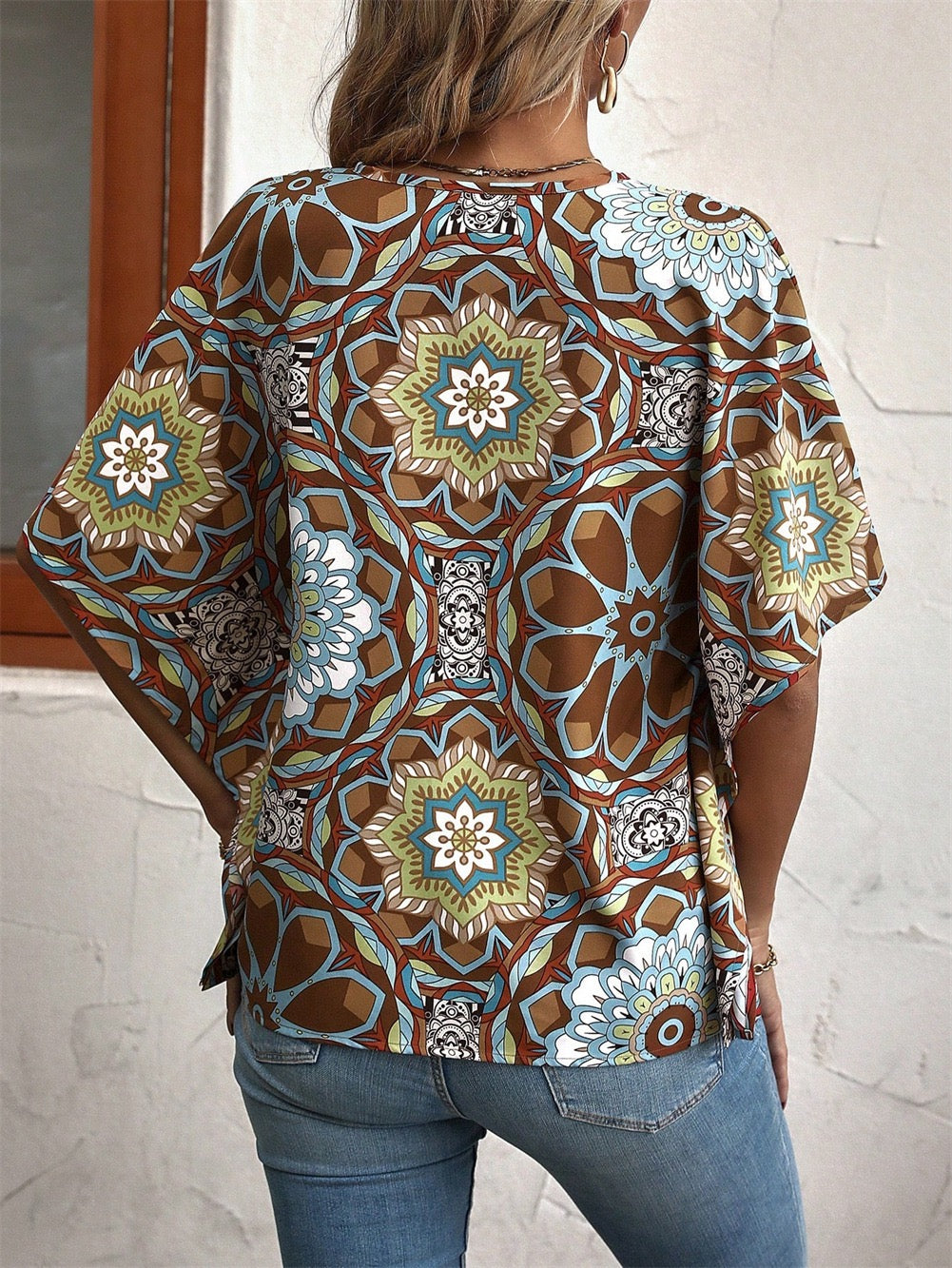 Boho Print V-Neck Short Sleeve Top - Summer Casual — product image