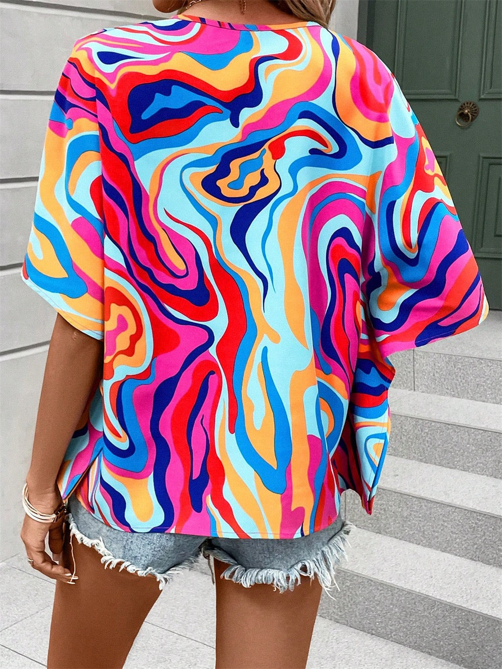 Boho Print V-Neck Short Sleeve Top - Summer Casual — product image