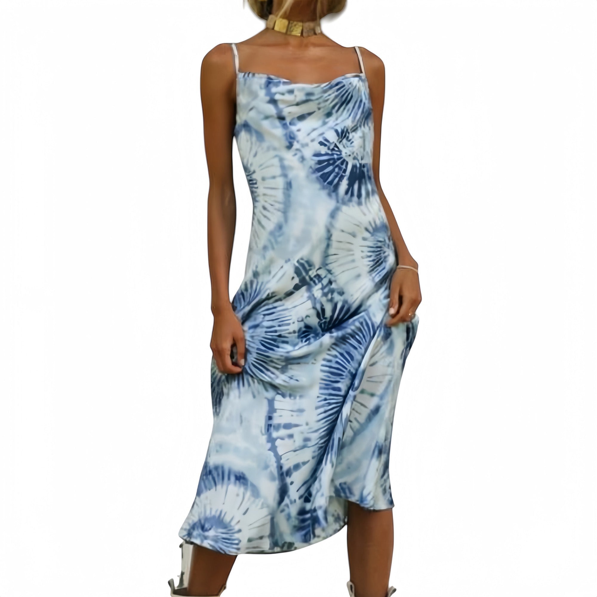 Tie Dye Midi Slip Dress with Cowl Neckline and Spaghetti Straps.