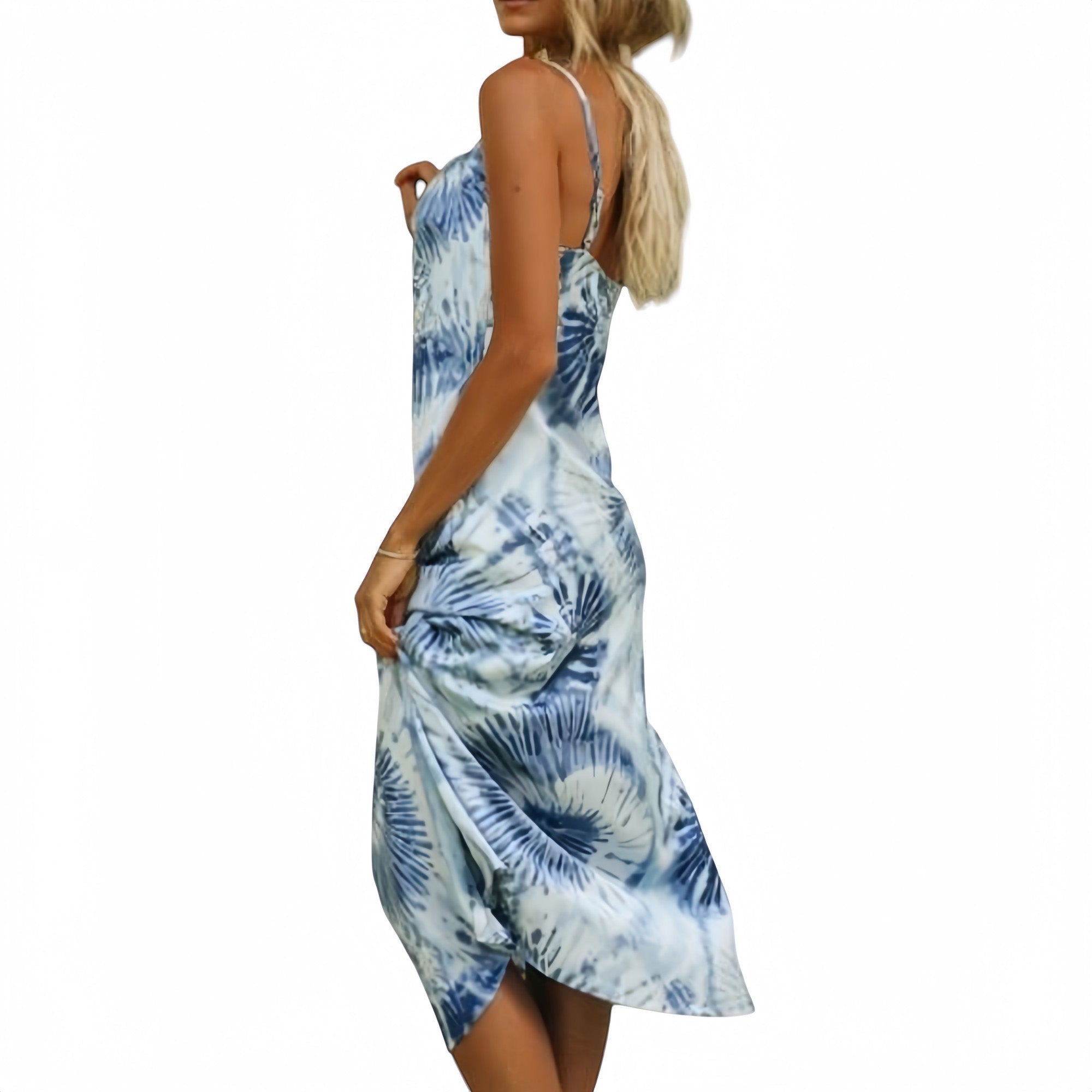 Tie Dye Midi Slip Dress with Cowl Neckline and Spaghetti Straps.
