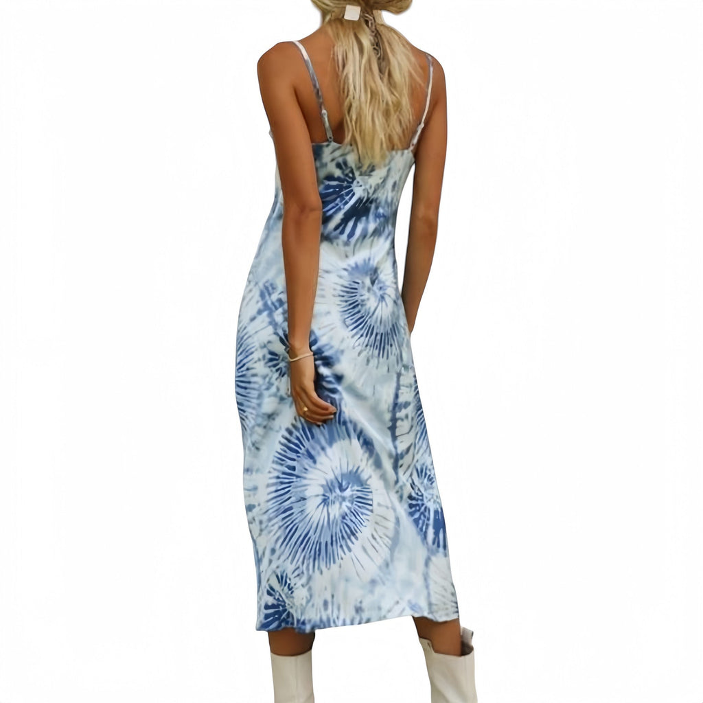 Tie Dye Midi Slip Dress with Cowl Neckline and Spaghetti Straps.
