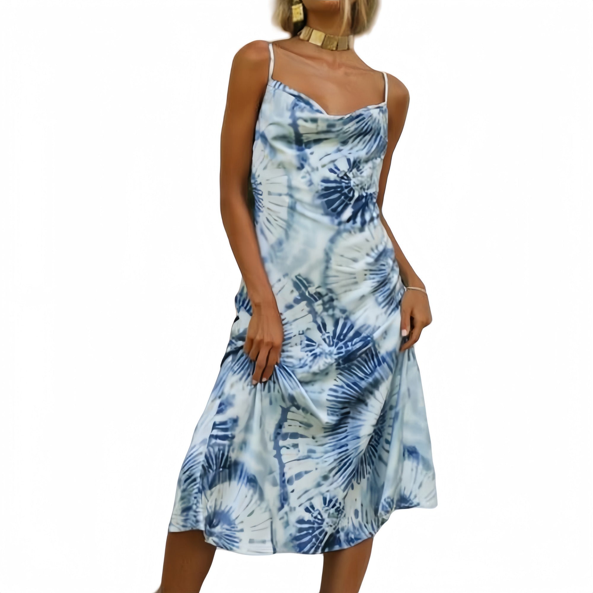 Tie Dye Midi Slip Dress with Cowl Neckline and Spaghetti Straps.