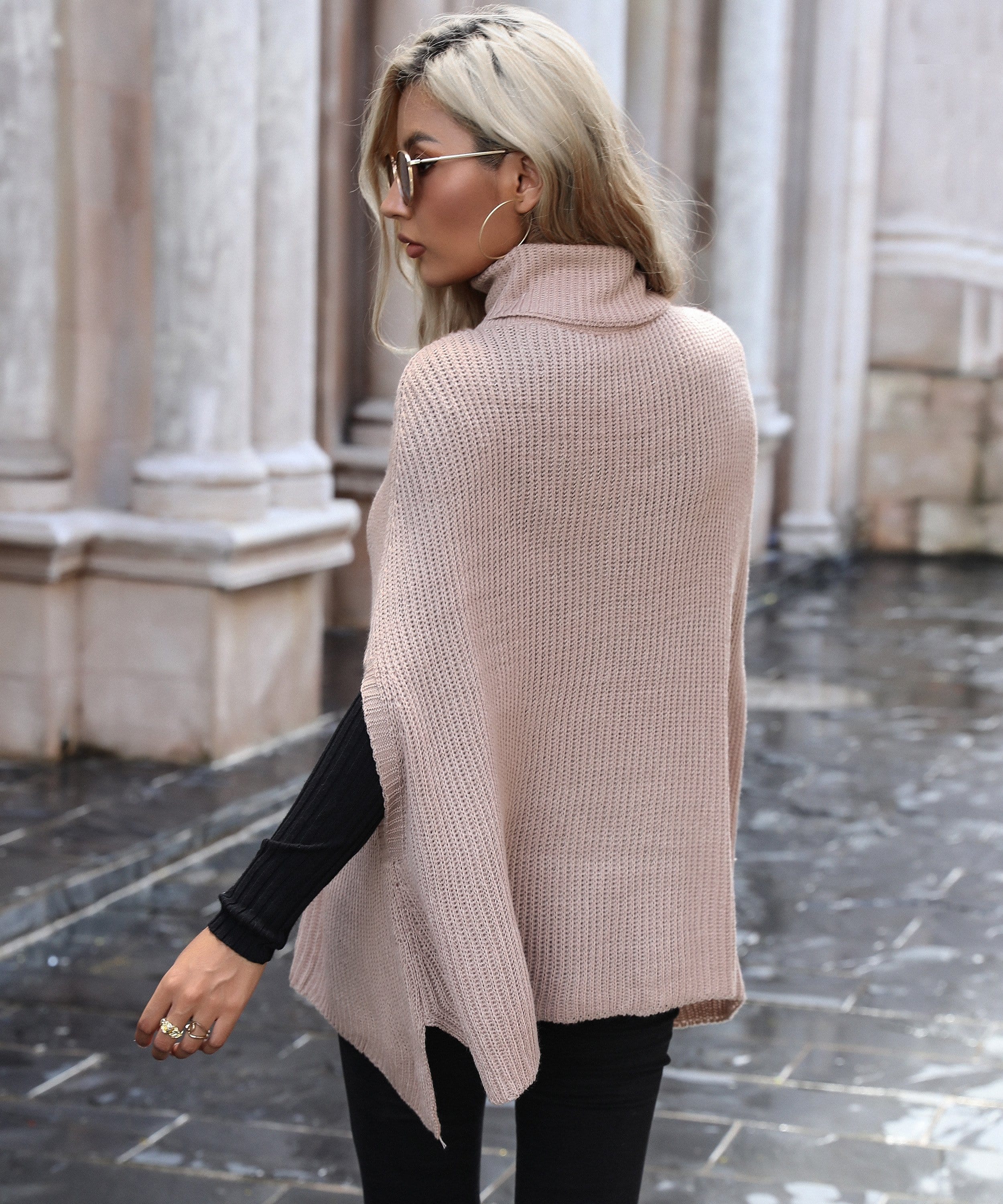 Turtleneck Chunky Knit Poncho Sweater.