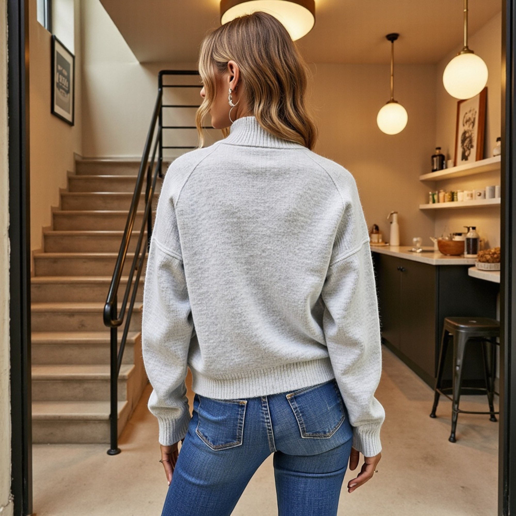 Knit Pullover Sweater with Button Collar and Long Sleeves.